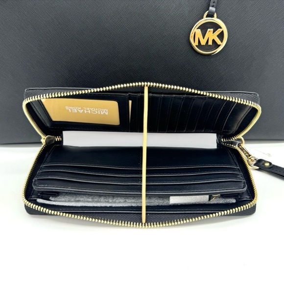 Michael Kors Large MF Pocket Shoulder Tote Bag & Continental Wallet Black/Gold - Picture 14 of 15
